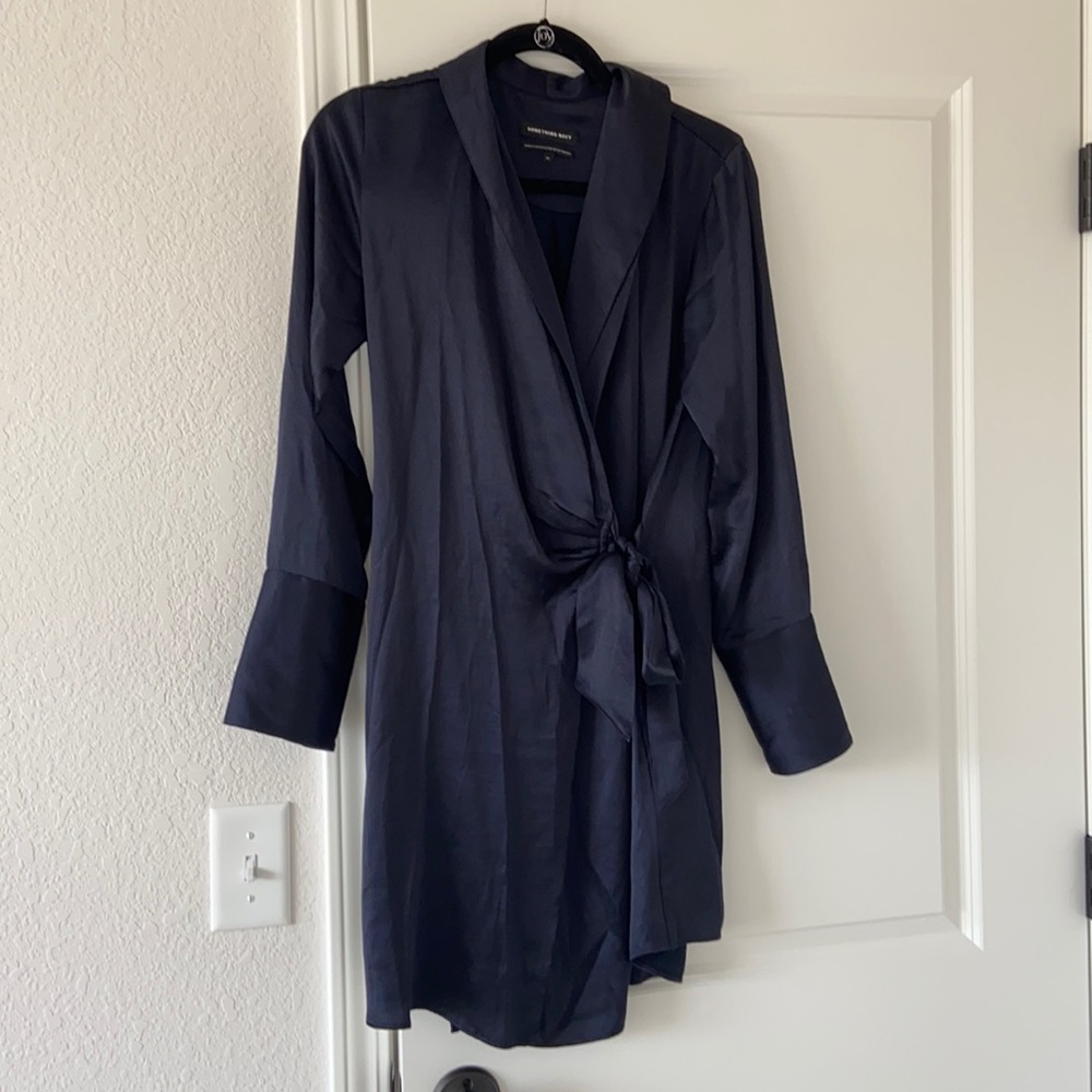 Something Navy Silk Tie Waist Shift Dress